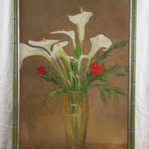 Pintura de buquê de calas e cravos, flores em vaso de vidro, óleo, pintura a óleo vintage original, artista ucraniano