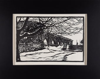 Stampa linocut vintage, paesaggio urbano, belle arti europee, unico nel suo genere