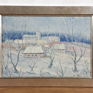 Vila no inverno Óleo, Paisagem de neve, Pintura a óleo original, Artista ucraniano Mankh