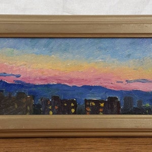 Pintura a óleo original, Paisagem urbana, Pôr do sol, Artista ucraniano, Pintura vintage, Belas artes europeias, Único