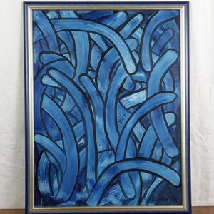 Original Abstract Blue Oil Painting, Visual Rhythm Modern Geometric Composition, Ukrainian Artist Bannikov