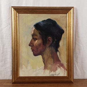 表情豊かな女性の横顔、肖像画、金枠の具象芸術、ウクライナの芸術家