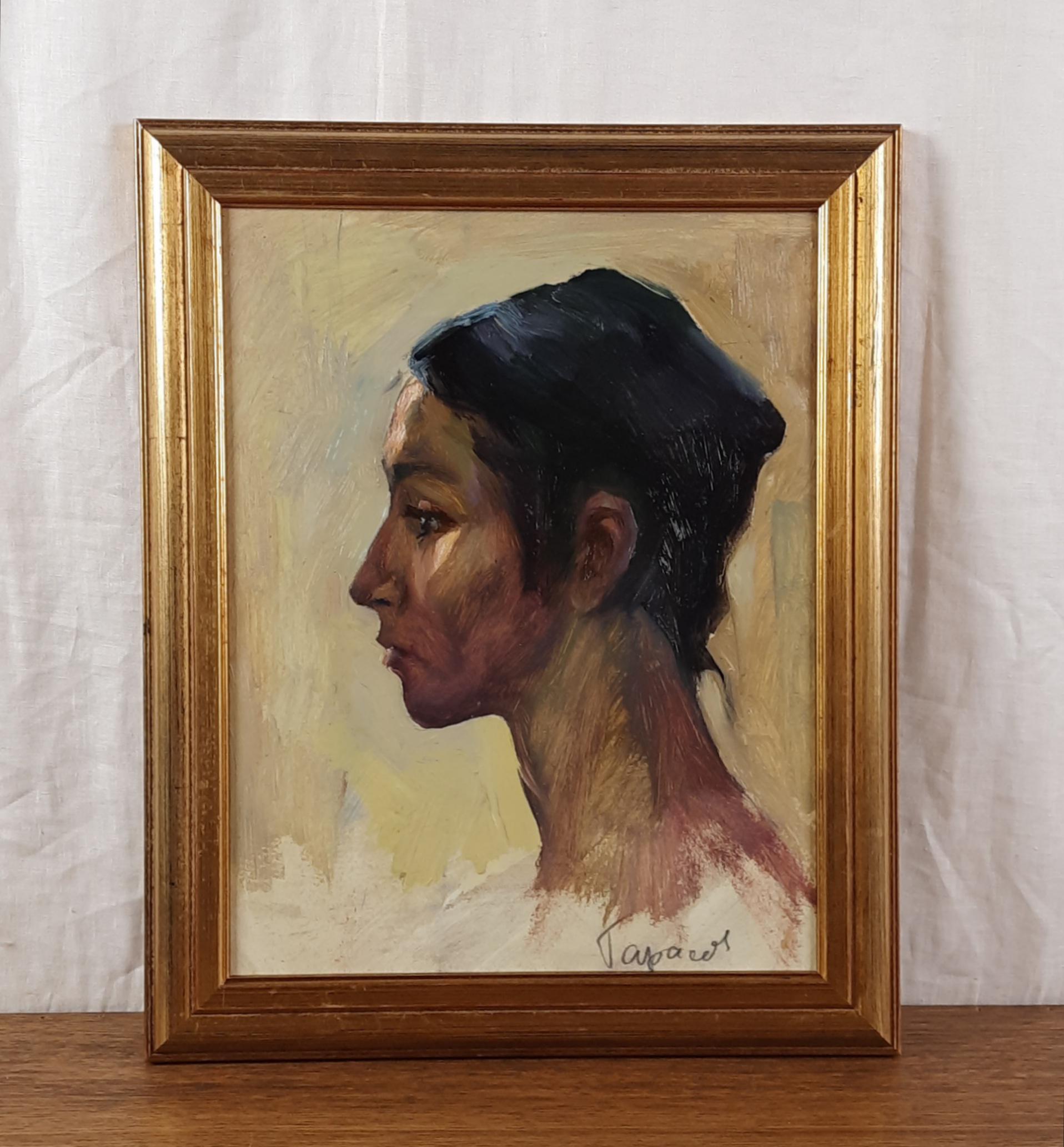 表情豊かな女性の横顔、肖像画、金枠の具象芸術、ウクライナの芸術家