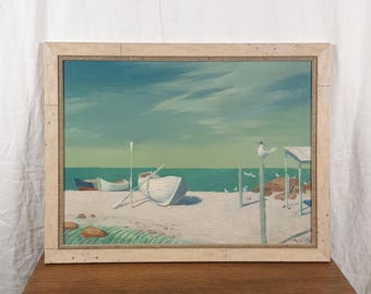 Coastal Beach Boat Scene, Vintage Seascape Oil Painting Framed Original Art , Ukrainian artist Rudakov