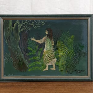 Susurros del bosque de helechos, Bosque encantado, Pintura al temple original, Artista ucraniana Berezhna