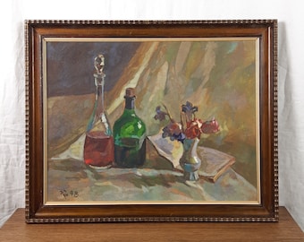 Vintage Gouache Still Life Painting: Wine Bottles & Flowers, Framed, Ukrainian Artist