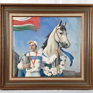 Pintura a óleo original, artista ucraniano Rusin, corrida de cavalos, jóquei, campeão, pintura vintage, belas artes europeias, único