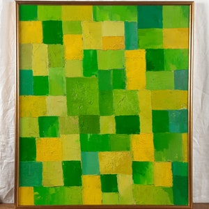 Composição abstrata, quadrados verdes e amarelos, pintura a óleo original, artista ucraniano Faraponov