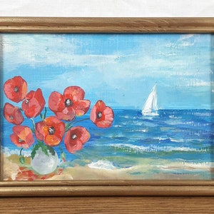 Pintura a óleo original, artista ucraniano, paisagem marinha, ingênuo, pintura vintage, belas artes europeias, único