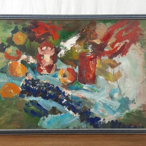 Naturaleza muerta de frutas, naturaleza muerta al óleo vintage, naturaleza muerta roja, arte de cocina enmarcado, artista ucraniano