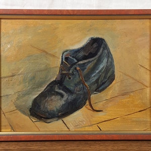 Pintura al óleo original, artista ucraniano, bota, naturaleza muerta, vintage, enmarcada