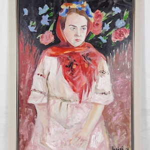 Pintura a óleo original, Retrato feminino, Artista ucraniano, Traje popular, Belas artes europeias, Único
