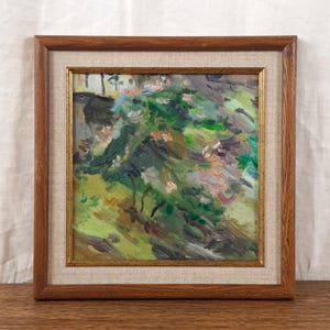 Pintura al óleo de paisaje primaveral: Árboles en flor. Obra original de un artista ucraniano.