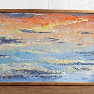 Pintura al óleo original, artista ucraniano, cielo, puesta de sol, vintage, obra de arte original