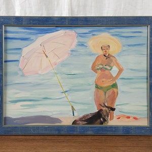 Mujer en la playa, Paisaje marino de verano, Pintura vintage, Pintura enmarcada, Pintura al óleo original, Artista Tkachenko