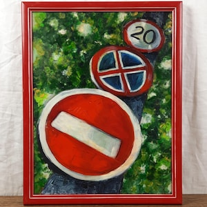 Placa de trânsito, pintura acrílica original, artista ucraniano