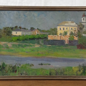 Pintura a óleo original, artista ucraniano, paisagem, paisagem urbana, paisagem fluvial, vintage, obra de arte original
