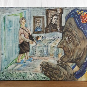 Pintura a óleo original, Retrato, Artista ucraniano, Pensão da avó, Pintura vintage, Belas artes europeias, Único