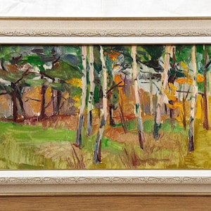 Pintura a óleo original, artista ucraniano, paisagem de outono, floresta, árvores, pintura vintage, belas artes europeias