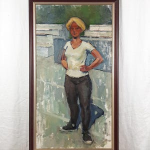 Pintura de esportista soviética, óleo vintage da URSS, retrato feminino atlético, artista ucraniana Freidin