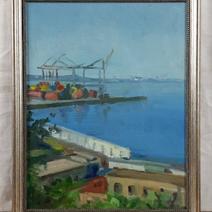 Pintura pequena, Pintura a óleo original, Artista ucraniano, Paisagem marinha, Porto marítimo, Pintura vintage, Belas artes europeias, Única