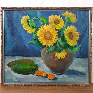 Natureza morta com girassóis, arte de parede com flores, pintura a óleo original, pintura vintage, artista ucraniano