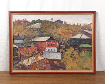 Old Houses Painting, Vintage Cityscape, Original Oil Painting, Artist Khalzev