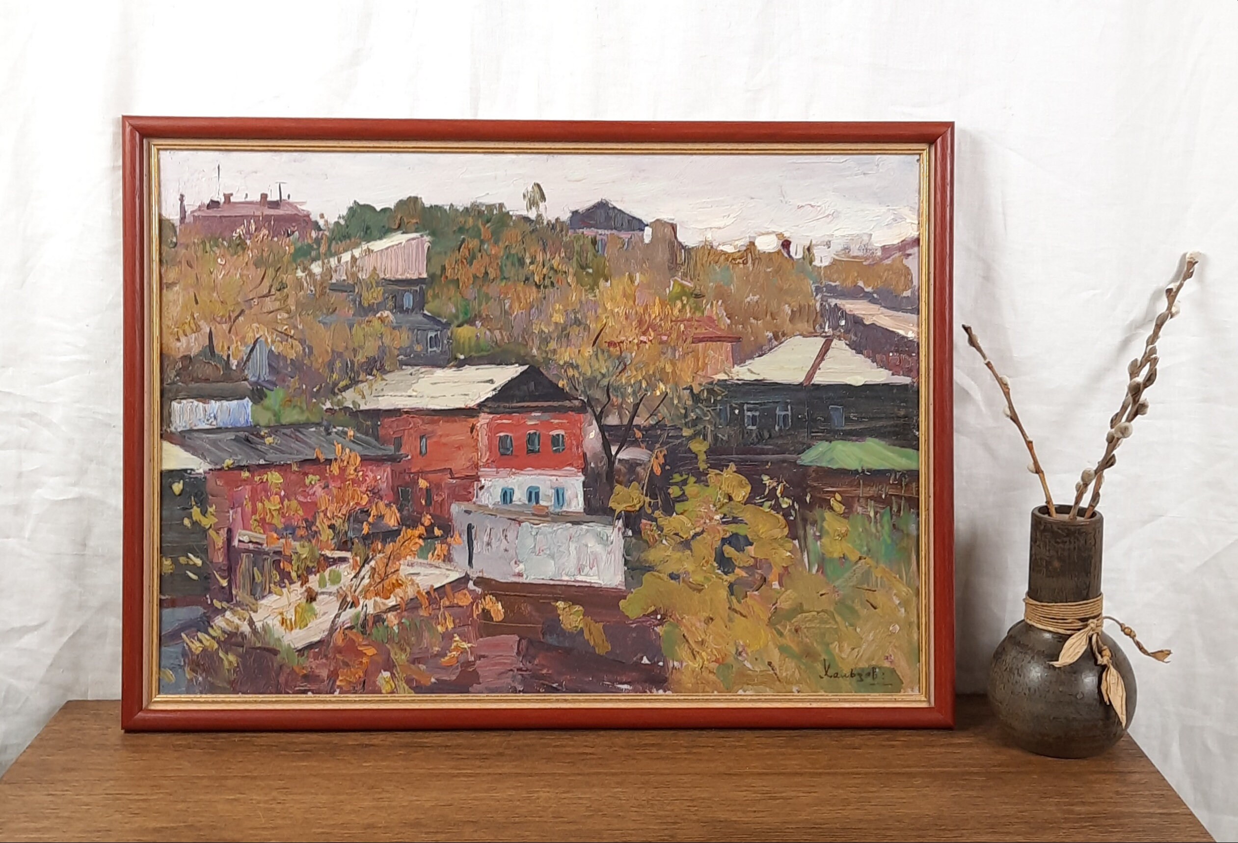 古い家の絵画、ヴィンテージの街並み、オリジナルの油絵、アーティスト