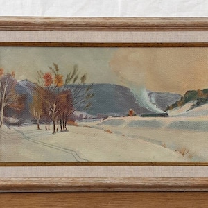Pintura a óleo original, artista ucraniano, paisagem, inverno, neve, trem, pintura vintage, belas artes europeias, único