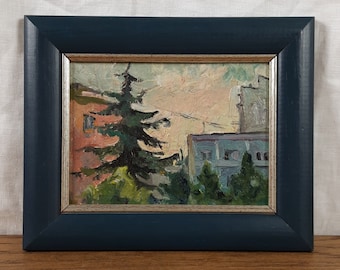 Piccolo dipinto paesaggistico impressionista, olio originale anni '80, scena urbana europea, mini opera incorniciata
