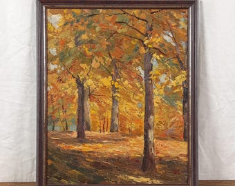 Autumn Forest Oil Painting, Vintage  Landscape, Golden Woodland Scene, 1990s