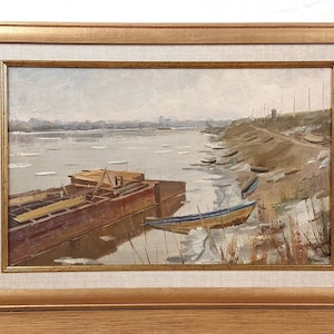 Pintura al óleo original, artista ucraniano, paisaje, paisaje de río, barco, vintage