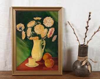 花瓶に入った菊、花、果物、カップを描いたヴィンテージの静物油絵