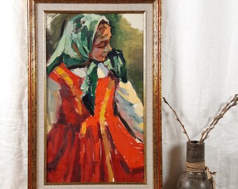 A Girl in Sundress, Original Vintage Artwork, Ukrainian Artist Shpolyanskaya