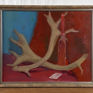 Pintura original, Natureza morta, Chifre de veado, Vela, Artista ucraniano, Belas artes europeias