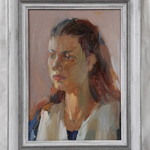 Pintura al óleo original, artista ucraniano, retrato femenino, pintura vintage, bellas artes europeas, pieza única