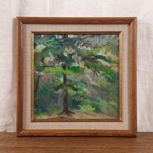 Pintura al óleo de paisaje primaveral: Árboles en flor. Obra original de un artista ucraniano.