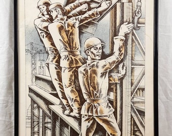 Litografia sovietica originale, Operai edili su travi d'acciaio, grafica industriale vintage