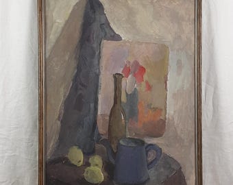Original Gouache Still Life Painting, Vintage 1980s Interior Scene, Framed Modernist Kitchen Artwork