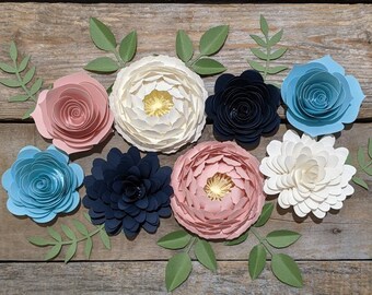 Paper flower set of 8, Pink, white, blue & navy 3D nursery wall flowers, Gender neutral nursery decor, Gender reveal party decorations