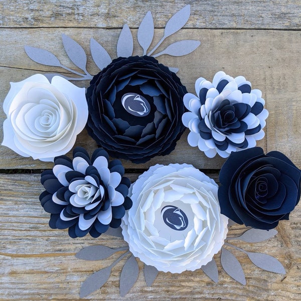 Penn State paper flower set of 6, Graduation gift for Penn State student, Blue & white penn state home decor, PSU graduation cap