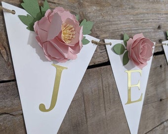 Personalized paper flower garland with blush peonies, Pink and gold floral baby shower banner, Baby name sign, Pink floral party decor,