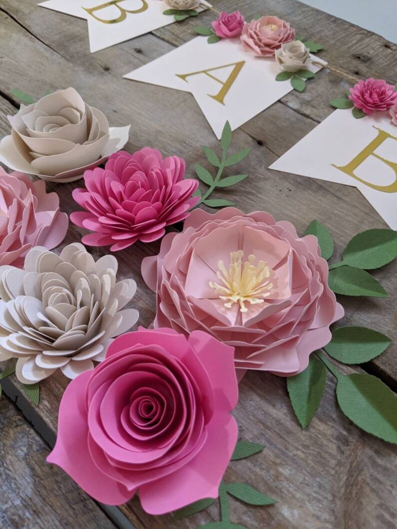 Paper Flower Set of 6 Pink and Beige Wall Flowers 3D Floral Etsy