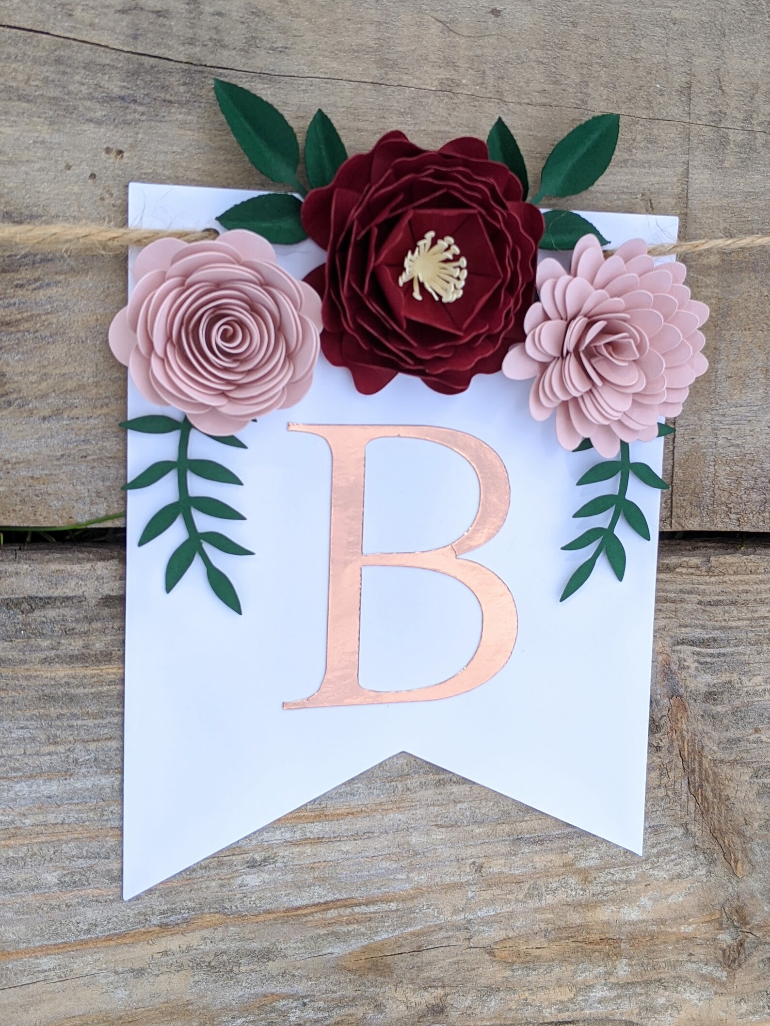 Personalized Floral Name Banner With Burgundy Paper Flowers Etsy