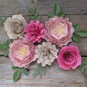 Paper flower set of 6, Pink and beige wall flowers, 3D floral wall decor, Paper flower wedding centerpiece, Paper flower table scape