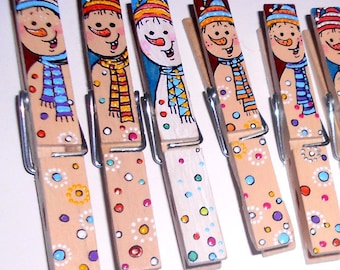 Clothespins. Christmas decorated, Wooden hand-painted, Magnet Clothespins