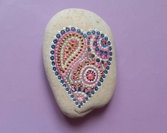 Mandala Heart Stone Hand Painted: Dot Art Decor