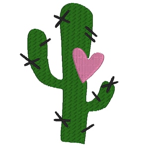 Puede incluir: Un cactus verde con un corazón rosa en el lateral. El cactus tiene espinas negras.