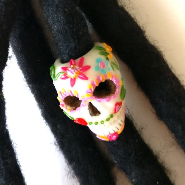 Sugar skull, white with flower ornament, flowering skull bead, dread decoration, dreadlock cuff, hair decoration, dread accessories