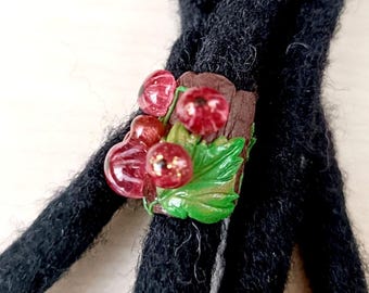 Red Berries and Leaf, Forest Dreadlock Jewelry, Nature Dread Accessory, Handmade Bead